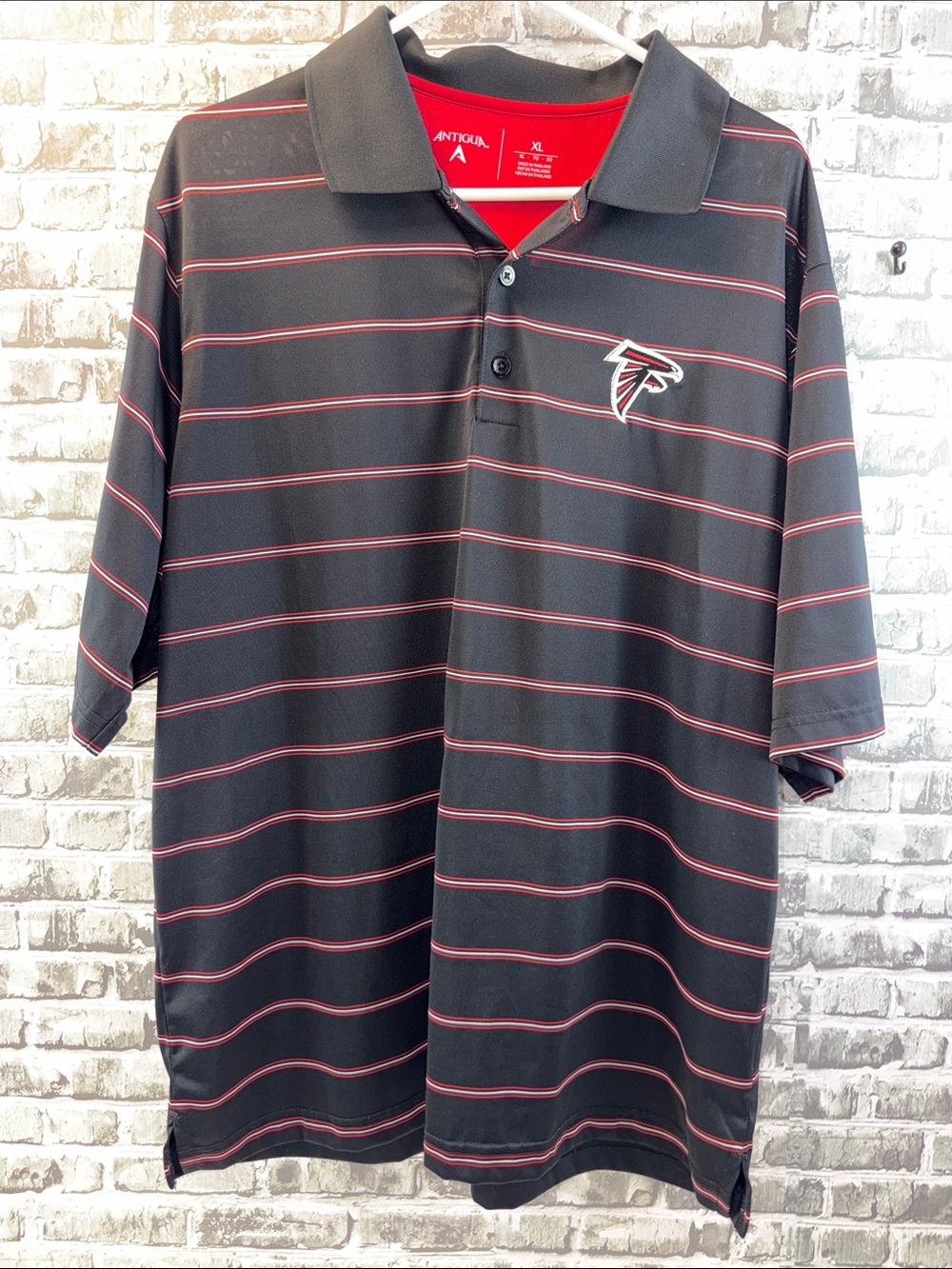 Atlanta Falcons Antigua Black Polo with Red Pinstripes